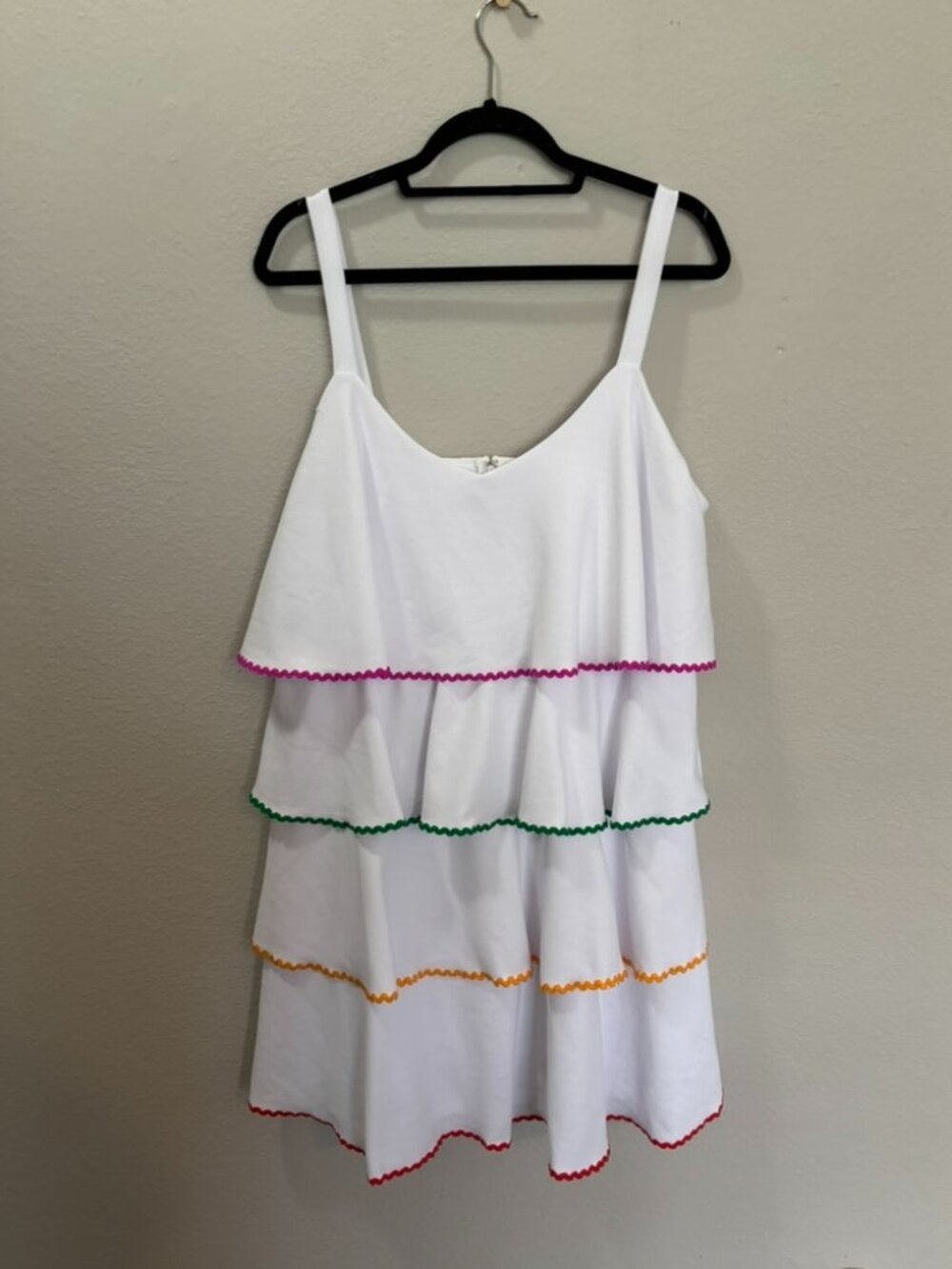 Versona Strappy White Tiered Colorful Trim Ruffle Mini Dress Size XL